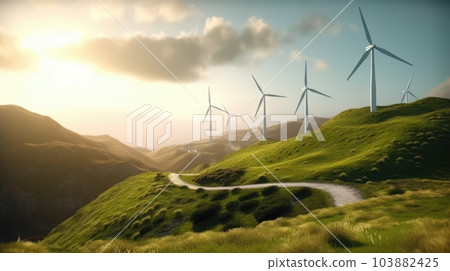 Wind turbines on the green hills against the colorful sunset sky. Production of renewable green energy. Sustainable development concept. Mock up, 3D rendering. 103882425
