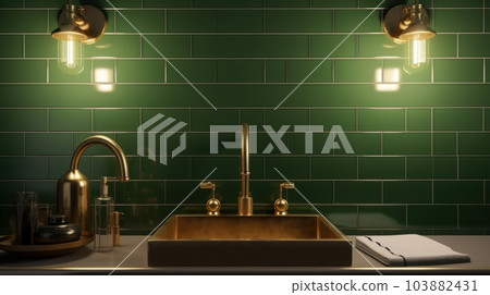 A golden sink with a tall golden faucet in a classic luxury bathroom, green tile walls, old-fashioned sconces, a towel and a soap dispenser. Retro style in the interior of the bathroom. Close up shot. A golden sink with a tall golden faucet in a classic luxury bathroom, green tile walls, old-fashioned sconces, a towel and a soap dispenser. Retro style in the interior of the bathroom. Close up shot. 103882431