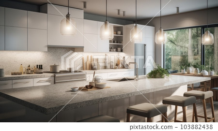 Modern luxury white kitchen. Large kitchen island with marble countertops and bar stools, luxurious chandeliers, expensive kitchen appliances, large windows with garden view. 103882438
