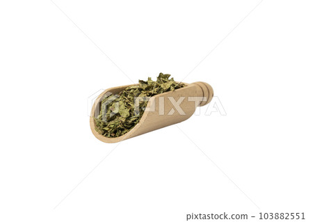 Dried leaves o Lemon verbena in latin Aloysia citrodora in wooden scoop isolated on white background. Medicinal herb. Dried leaves o Lemon verbena in latin Aloysia citrodora in wooden scoop isolated on white background. Medicinal herb. 103882551