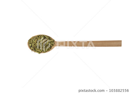 Dried leaves o Lemon verbena in latin Aloysia citrodora on wooden spoon isolated on white background. Medicinal. herb. 103882556