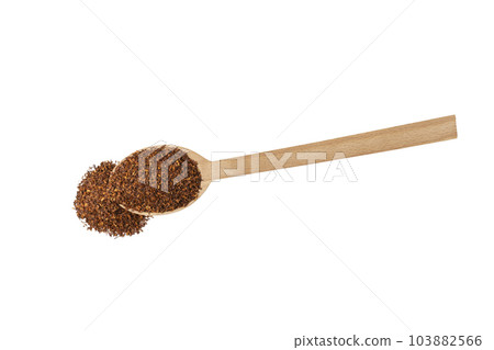 Rooibos tea medium cut on wooden spoon isolated on white background. Rooibos in latin Aspalathus linearis. herb. herbal tea. food ingredient. 103882566