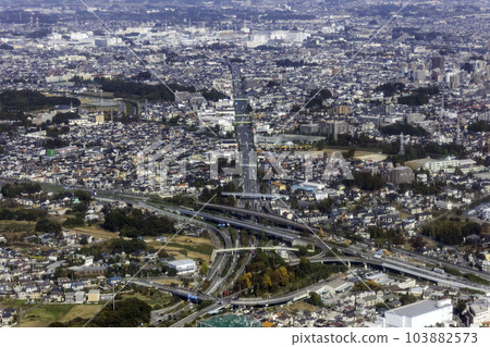 Aerial view of Miyahara Station from above Miyamae Interchange in Saitama Prefecture Aerial view of Miyahara Station from above Miyamae Interchange in Saitama Prefecture 103882573