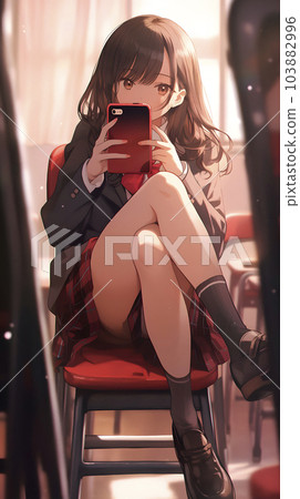 A high school girl leaning on the back of a chair and fiddling with her smartphone (Generative AI) 103882996