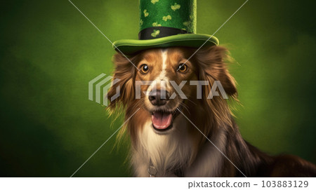 The Border Collie dog celebrates St. Patrick's Day, an Irish holiday in March, a green hat, a suit. generated ai. 103883129