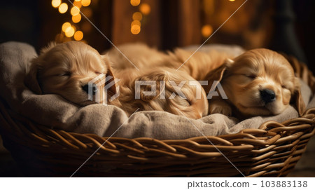 Litter of puppies, newborns, sweet sleeping, cute, a gift to the family. retriever generated ai. 103883138