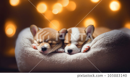 Litter of puppies, newborns, sweet sleeping, cute, a gift to the family. corgi generated ai. 103883140