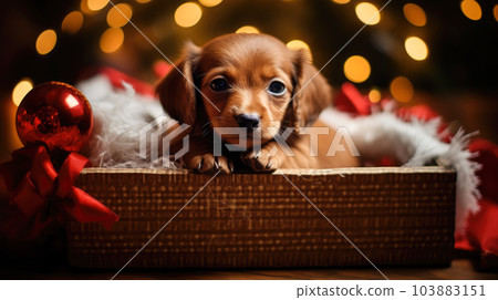 Dachshund Puppy in a box is a gift for Christmas, the best surprise, happiness and love. generated ai. 103883151