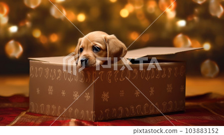 Puppy in a box is a gift for Christmas, the best surprise, happiness and love. generated ai. 103883152