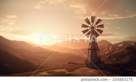 A traditional old wind generator on a hillside against the background of beautiful mountains and a bright sunset sky. European historical landscape, romance and beauty of nature. A traditional old wind generator on a hillside against the background of beautiful mountains and a bright sunset sky. European historical landscape, romance and beauty of nature. 103883175