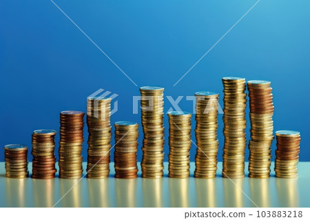 Stacks of coins of different heights depict a financial chart. Bank and finance. Investment, profit or gain. Selling money or treasury. Blue background with reflection. Copy space. Stacks of coins of different heights depict a financial chart. Bank and finance. Investment, profit or gain. Selling money or treasury. Blue background with reflection. Copy space. 103883218