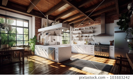 Spacious loft style kitchen with dining area. White facades, open shelves, modern kitchen appliances, wooden floor, wooden ceiling with beams, green plants, panoramic windows with garden view. Spacious loft style kitchen with dining area. White facades, open shelves, modern kitchen appliances, wooden floor, wooden ceiling with beams, green plants, panoramic windows with garden view. 103883242
