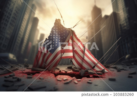 The fallen American flag against the background of destroyed skyscrapers. The collapse of the American economy, inflation, bankruptcy, the destruction of the financial system. The fallen American flag against the background of destroyed skyscrapers. The collapse of the American economy, inflation, bankruptcy, the destruction of the financial system. 103883260