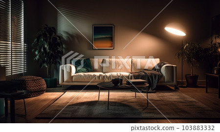 Modern minimalist living room. Dark grey walls, grey sofa, wooden round coffee table, wooden floor with carpet, trendy floor lamp, plants in floor pots, blinders on the window. Mockup, 3D rendering. 103883332