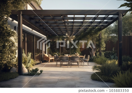 Beautiful covered terrace in the green garden of a luxurious country house. Gray tile floor, dining table with wicker chairs, sun canopy. Summer outdoors and relaxation in the patio. Beautiful covered terrace in the green garden of a luxurious country house. Gray tile floor, dining table with wicker chairs, sun canopy. Summer outdoors and relaxation in the patio. 103883350