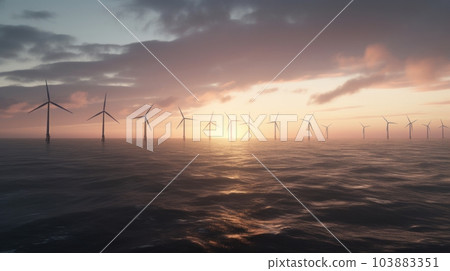Offshore wind turbines farm on the northern sea against the backdrop of the sunset sky. Sustainable energy production, clean power. 3D illustration. Offshore wind turbines farm on the northern sea against the backdrop of the sunset sky. Sustainable energy production, clean power. 3D illustration. 103883351