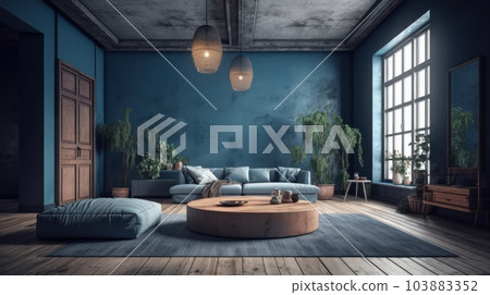 Modern elegant minimalistic luxury living room in blue tones. Blue walls, sofa and ottoman, round coffee table, parquet floor and gray vintage carpet, live plants in floor pots, panoramic windows. Modern elegant minimalistic luxury living room in blue tones. Blue walls, sofa and ottoman, round coffee table, parquet floor and gray vintage carpet, live plants in floor pots, panoramic windows. 103883352