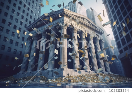 The American bank building is collapsing. Bank bankruptcy. Banking crisis, falling stocks. The collapse of the American financial system, the loss of money by bank depositors. 3D rendering. The American bank building is collapsing. Bank bankruptcy. Banking crisis, falling stocks. The collapse of the American financial system, the loss of money by bank depositors. 3D rendering. 103883354