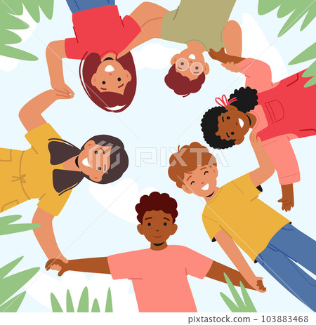 Children Characters Stand in Circle, Holding Hands, Looking Down, Displaying Unity And Connection, Vector Illustration Children Characters Stand in Circle, Holding Hands, Looking Down, Displaying Unity And Connection, Vector Illustration 103883468