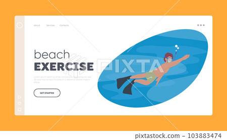 Beach Exercise Landing Page Template. Man Snorkeling With Mask, Exploring Underwater Wonders, Discovering Marine Life Beach Exercise Landing Page Template. Man Snorkeling With Mask, Exploring Underwater Wonders, Discovering Marine Life 103883474