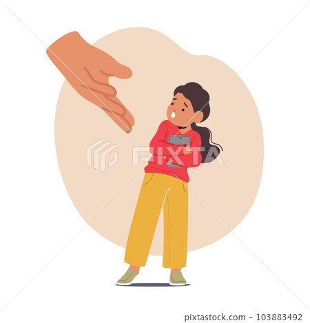 Stubborn Child With Gadget Addiction Adamantly Holds Onto Smartphone, Defying Parent's Request To Hand It Over 103883492