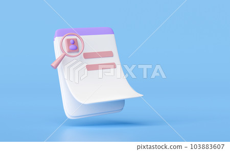 3d Id card with checklist paper, magnifying glass, clipboard isolated on blue background. recruitment staff, human resources, job search, job application concept, 3d render illustration 3d Id card with checklist paper, magnifying glass, clipboard isolated on blue background. recruitment staff, human resources, job search, job application concept, 3d render illustration 103883607