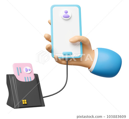 3d mobile phone, smartphone with smart card reader, external USB card reader, Id card, WiFi icon isolated. 3d render illustration 3d mobile phone, smartphone with smart card reader, external USB card reader, Id card, WiFi icon isolated. 3d render illustration 103883609