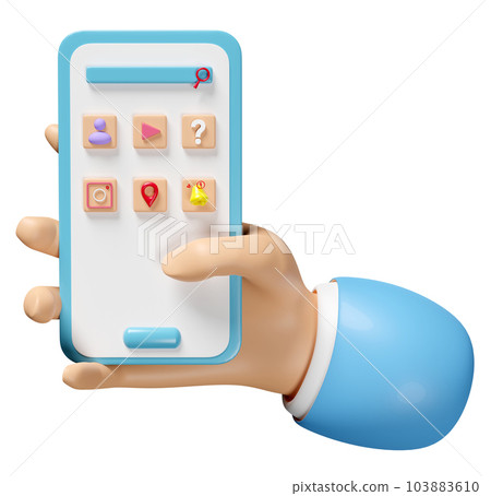 3d hand using mobile phone isolated. hand holding smartphone, screen phone concept, 3d render illustration 3d hand using mobile phone isolated. hand holding smartphone, screen phone concept, 3d render illustration 103883610
