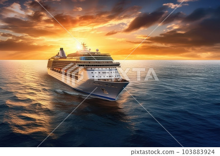 Aerial view of luxury white cruise ship in tropical sea. Beautiful sky, bright sunset over the horizon. The concept of summer cruise vacation and travel. 103883924