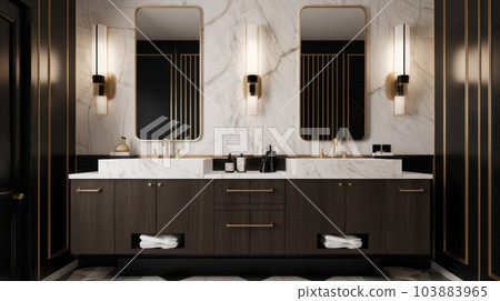 Spacious master bathroom in modern classic style with two sinks. White marble walls, large cabinet with many drawers, large mirrors, exquisite wall lamps, marble countertop. 103883965