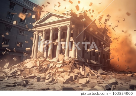 The bank building is collapsing. Bank bankruptcy. Destruction of a financial institution. Banking crisis, shares depreciated. The paper falls around the bank. Loss of money by bank depositors. 103884000