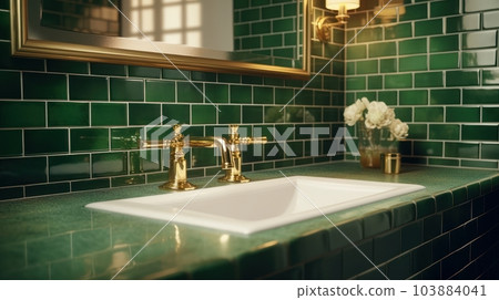 White ceramic sink with two gold taps in a stylish luxury bathroom. Green tile walls, gold-framed mirror, wall lamp, flowers in a vase. Bathroom interior fragment. White ceramic sink with two gold taps in a stylish luxury bathroom. Green tile walls, gold-framed mirror, wall lamp, flowers in a vase. Bathroom interior fragment. 103884041