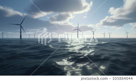 Offshore wind turbines farm on the northern sea against the backdrop of the sunset sky. Sustainable energy production, clean power. 3D illustration. 103884044