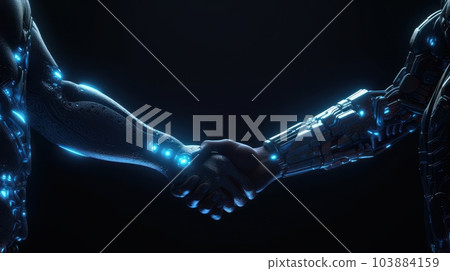Human and cyborg handshake, human hand and metal hand. Futuristic digital age, robotics, artificial intelligence development, scientific and technological progress. Black background. 3D rendering. 103884159