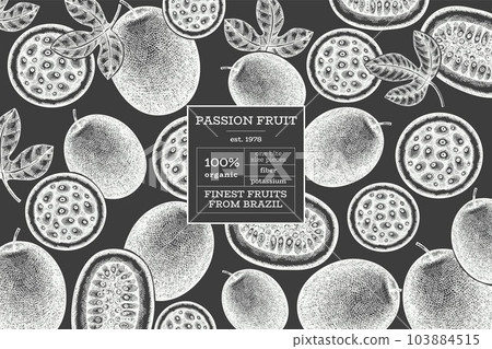 Hand drawn sketch style passion fruit banner. Organic fresh fruit vector illustration on chalk board. Retro exotic maracuya design template Hand drawn sketch style passion fruit banner. Organic fresh fruit vector illustration on chalk board. Retro exotic maracuya design template 103884515
