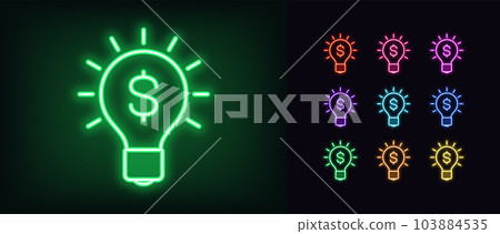 Outline neon money lamp icon set. Glowing neon lamp with dollar sign, invest money idea. Creative idea for profit startup and money earn, business innovation and investment solution Outline neon money lamp icon set. Glowing neon lamp with dollar sign, invest money idea. Creative idea for profit startup and money earn, business innovation and investment solution 103884535