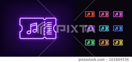 Outline neon musical ticket icon set. Glowing neon ticket with music note sign, gift coupon for sound show. Pass card for dance festival and disco party, musical concert and performance Outline neon musical ticket icon set. Glowing neon ticket with music note sign, gift coupon for sound show. Pass card for dance festival and disco party, musical concert and performance 103884536