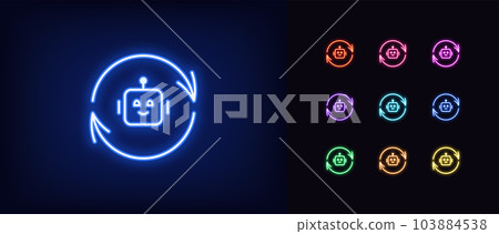 Outline neon bot update icon set. Glowing neon update arrows with AI bot sign, chat bot restart and smart upgrade. Reload virtual assistant, update AI algorithms, renew control commands Outline neon bot update icon set. Glowing neon update arrows with AI bot sign, chat bot restart and smart upgrade. Reload virtual assistant, update AI algorithms, renew control commands 103884538