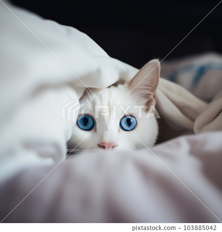 A white cat with blue eyes peeks out from under the blanket on the bed, the cat hid, cute photo 103885042