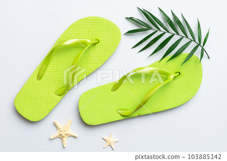 Flat lay composition with flip flops and seashell on colored background. Space for text top view Flat lay composition with flip flops and seashell on colored background. Space for text top view 103885142