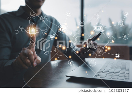 Artificial Intelligence concept, People touching virtual screen to access cloud computing. Digital transformation change management, big data analytics Artificial Intelligence concept, People touching virtual screen to access cloud computing. Digital transformation change management, big data analytics 103885157