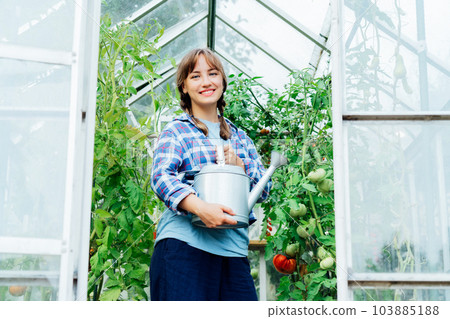 Portrait of smiling young woman holding watering can after watering tomatoes in green house. Growing organic vegetables in the garden. Urban farming lifestyle. The concept of food self-sufficiency Portrait of smiling young woman holding watering can after watering tomatoes in green house. Growing organic vegetables in the garden. Urban farming lifestyle. The concept of food self-sufficiency 103885188