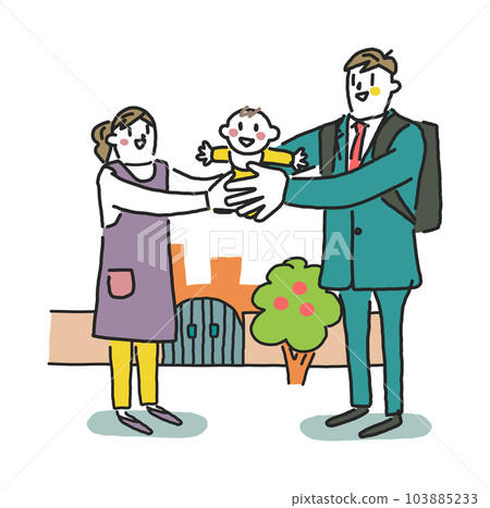 A young father who leaves his baby at the nursery school before going to work, or a foster father who picks him up at the nursery school before returning home Illustration material A young father who leaves his baby at the nursery school before going to work, or a foster father who picks him up at the nursery school before returning home Illustration material 103885233