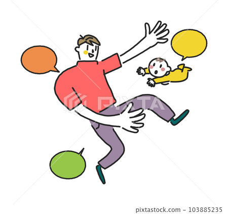 A young father playing with his baby while talking happily Illustration material 103885235