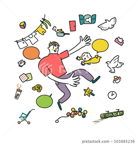 Babies and young fathers living lively with toys, daily necessities, and child care items Set illustration material 103885236