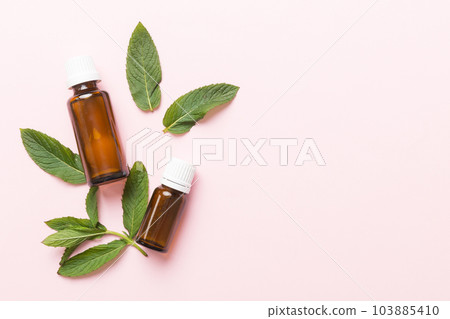 Natural Mint Essential Oil in a Glass Bottle. organic cosmetics with herbal extracts of mint on colored background 103885410