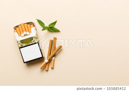 Pack of menthol cigarettes and fresh mint on colored table, Menthol cigarettes top view flat lay 103885412