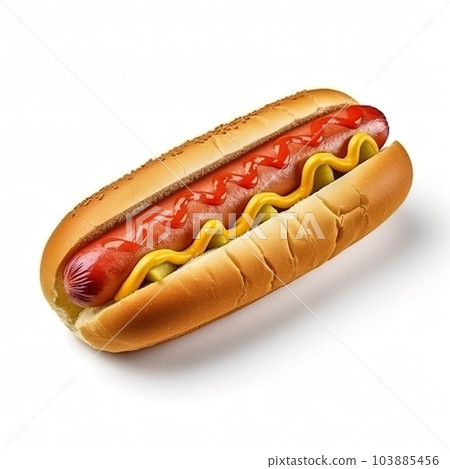 Hot dog with mustard and ketchup on a white background 103885456
