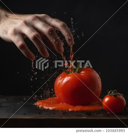 Hand throws a red ripe tomato, tomato juice splashes in all directions on a black background close-up, illustration for advertising and packaging design 103885993