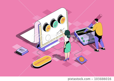 Electronic contract concept in 3d isometric design. Businessman and businesswoman signing agreement legal document in digital form. Vector illustration with isometry people scene for web graphic Electronic contract concept in 3d isometric design. Businessman and businesswoman signing agreement legal document in digital form. Vector illustration with isometry people scene for web graphic 103886016